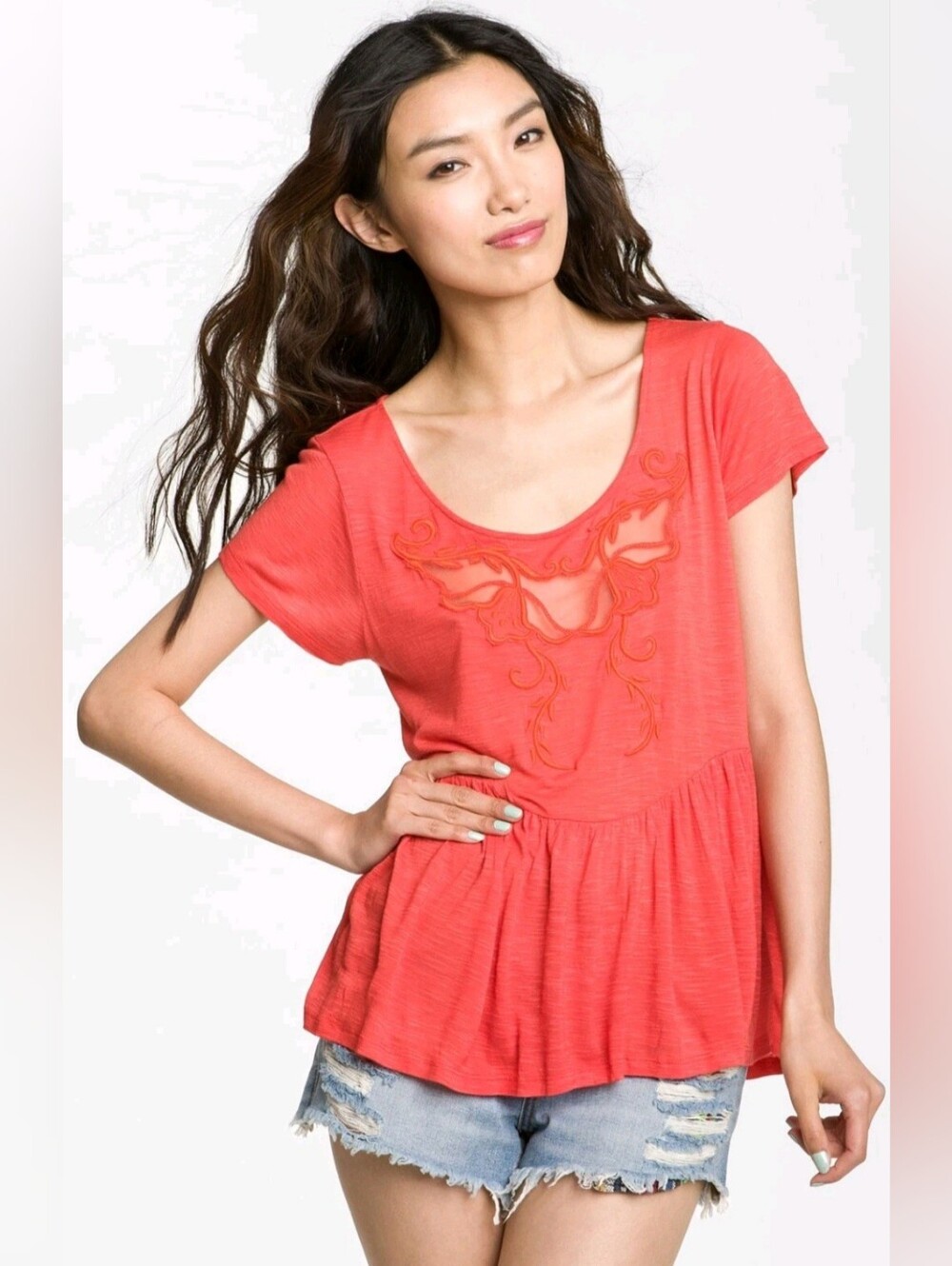 Free People Y2K Boho Flowy Coral Embroidered Mesh Peplum Babydoll Top, Size S